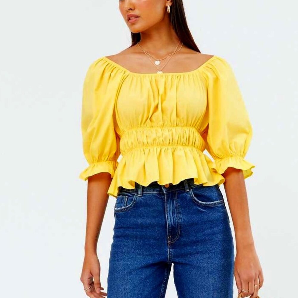 NWT WAYF Fit & Flare Smock Crop Peplum Peasant Top 3\4 Juliette Sleeves Yellow M